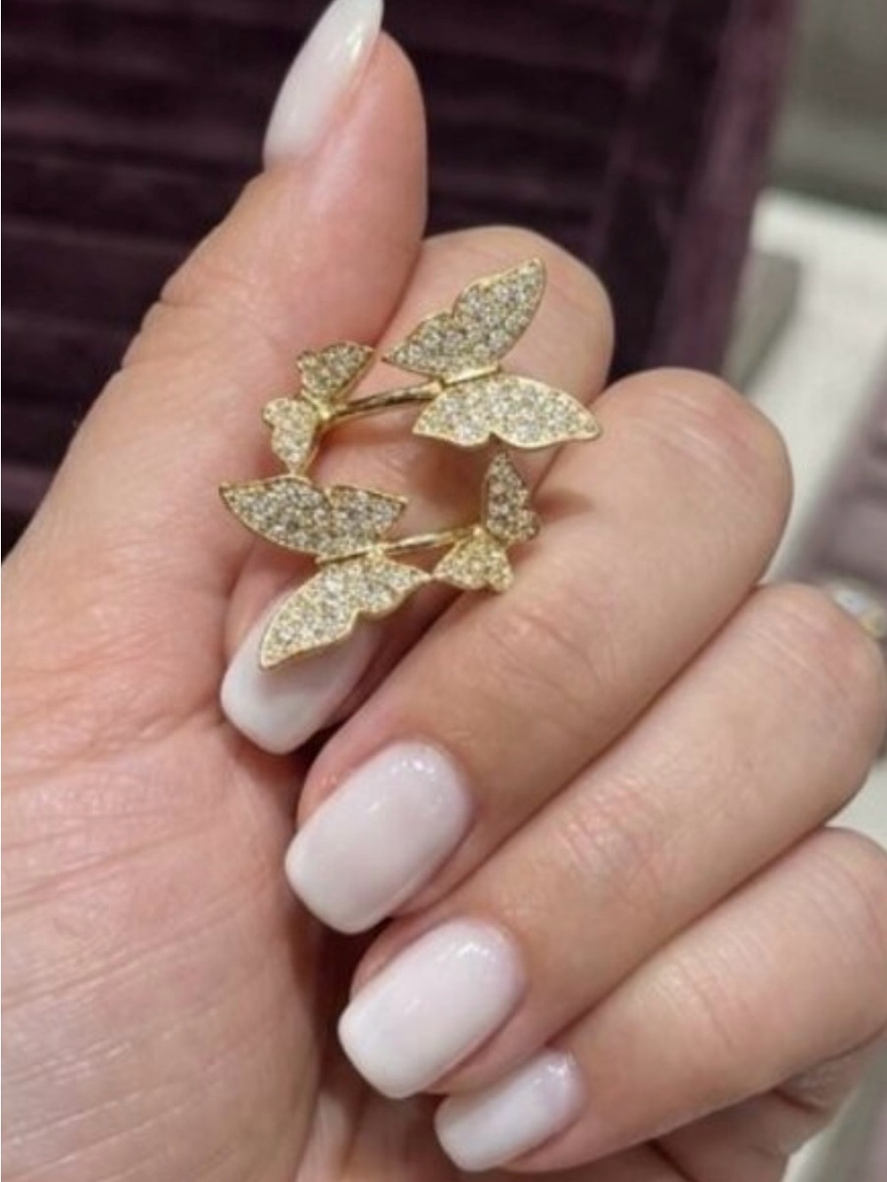 Statement Gold Plated Multi Butterfly Ring Pave Rhinestone Cocktail Ring